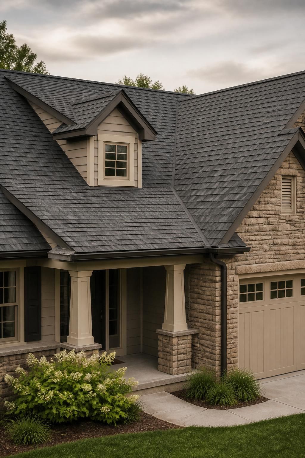 Well-kept home roof with neatly installed shingles in soft daylight